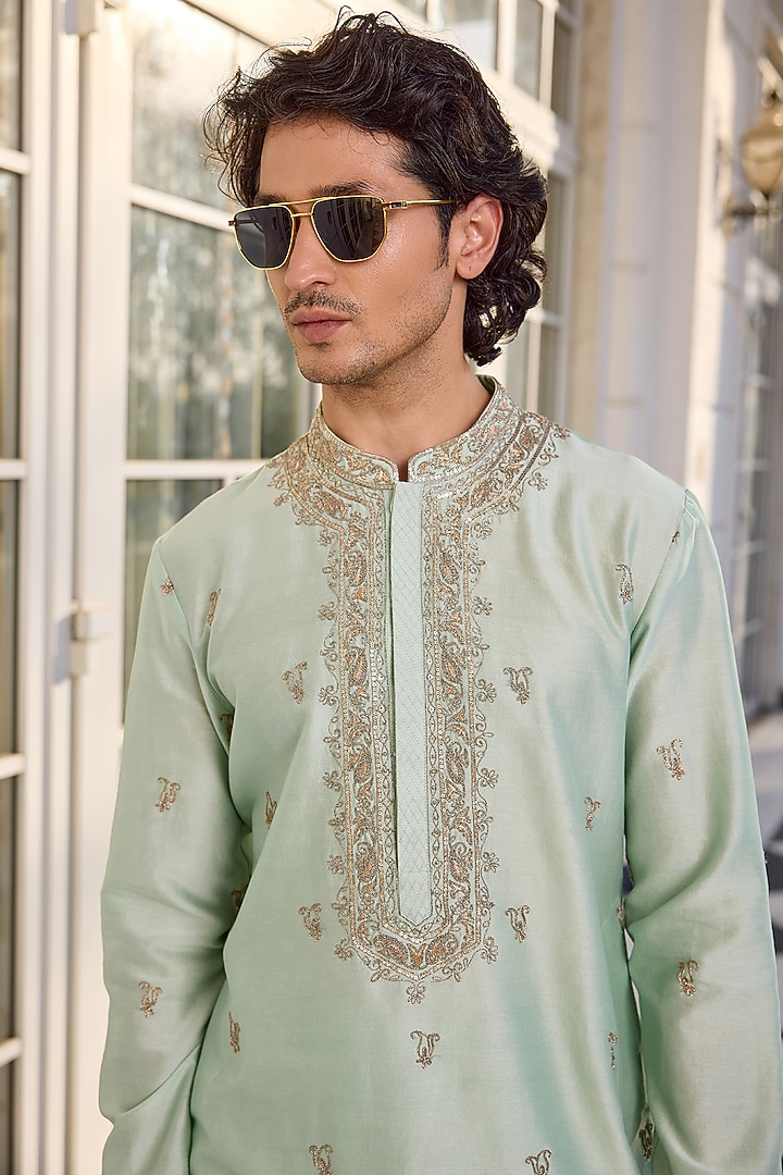 Mint Chanderi Thread Embroidered Kurta Set by Kalista Men at Pernia's Pop Up Shop