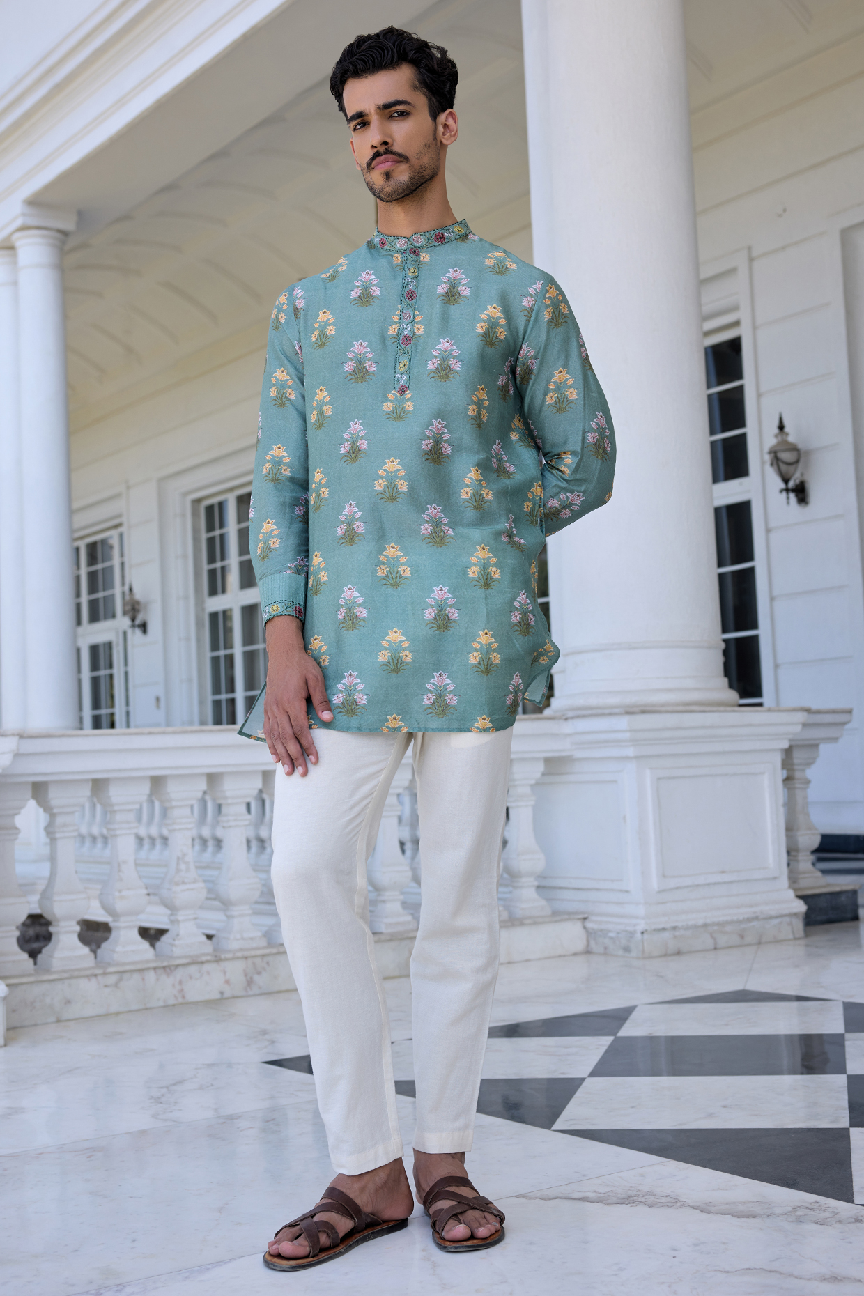 Aqua Chanderi Embroidered Paisley Kurta Set by Kalista Men