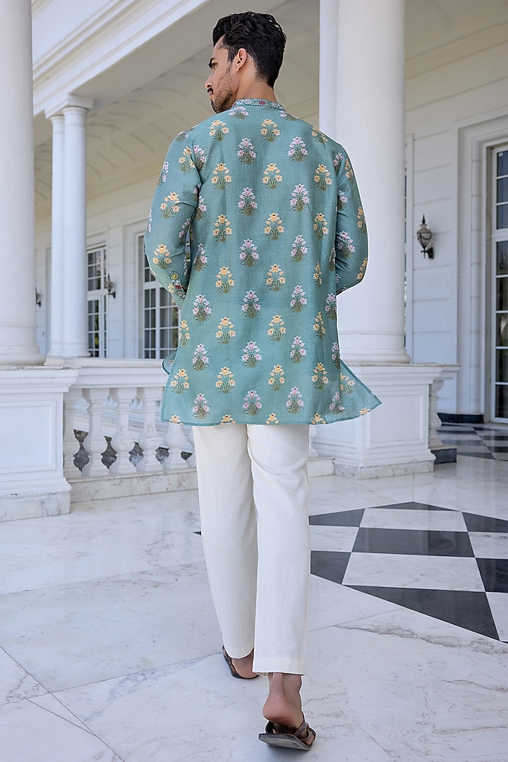Aqua Chanderi Embroidered Paisley Kurta Set by Kalista Men at Pernia's Pop Up Shop