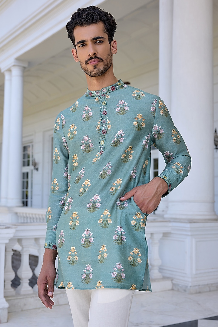 Aqua Chanderi Embroidered Paisley Kurta Set by Kalista Men at Pernia's Pop Up Shop