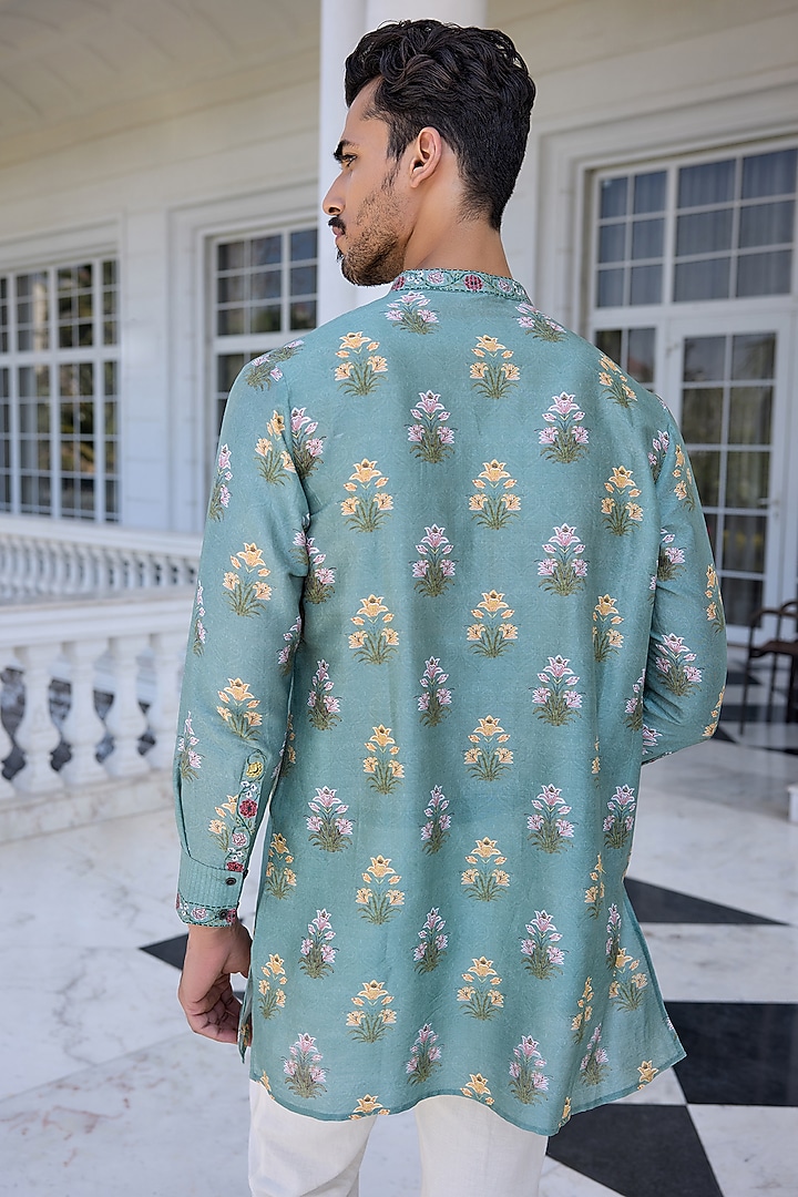 Aqua Chanderi Embroidered Paisley Kurta Set by Kalista Men at Pernia's Pop Up Shop