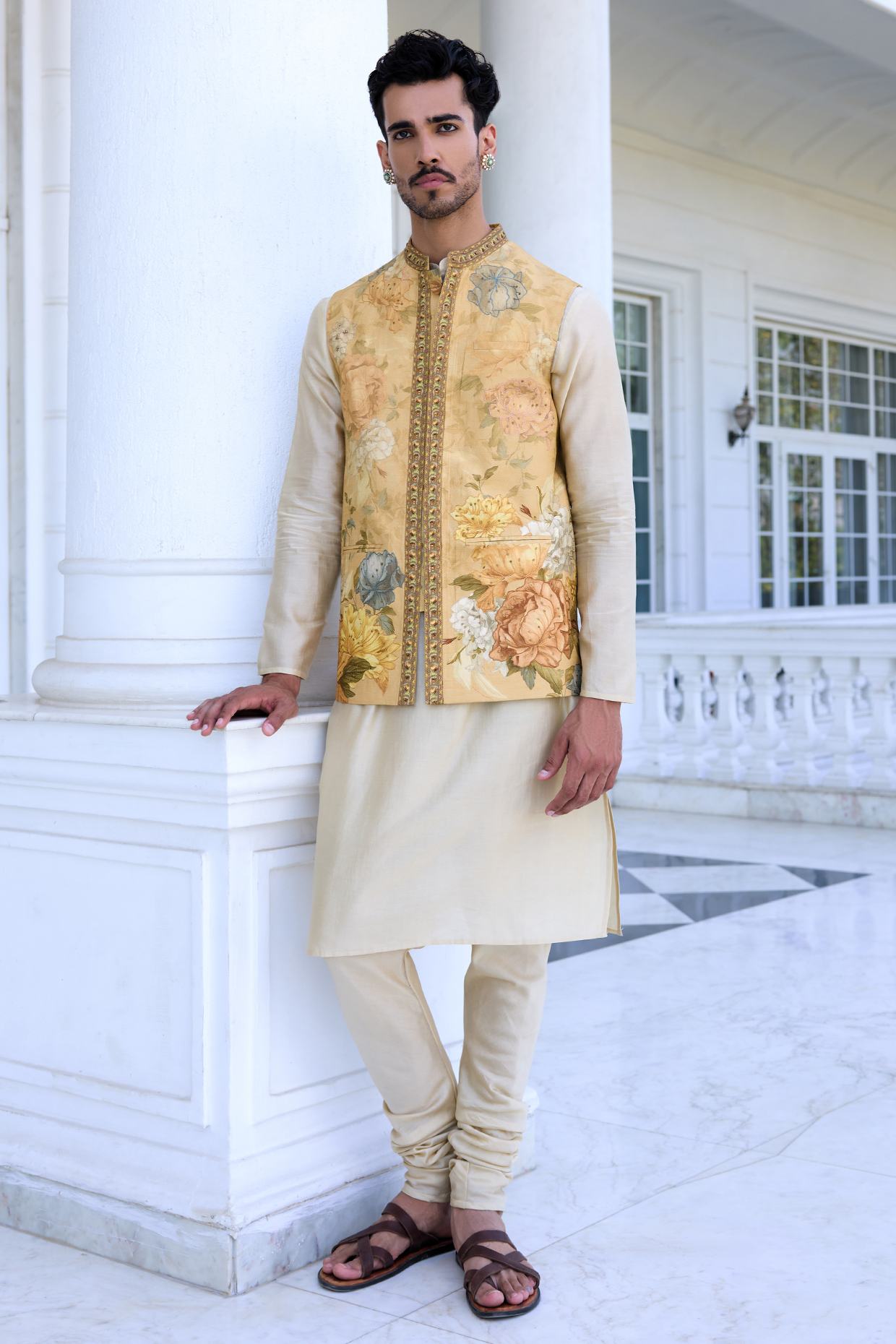 Beige Dola Silk Floral Printed & Thread Work Bundi Jacket Set by Kalista Men