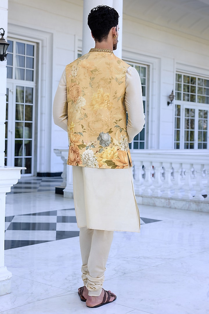 Beige Dola Silk Floral Printed & Thread Work Bundi Jacket Set by Kalista Men at Pernia's Pop Up Shop