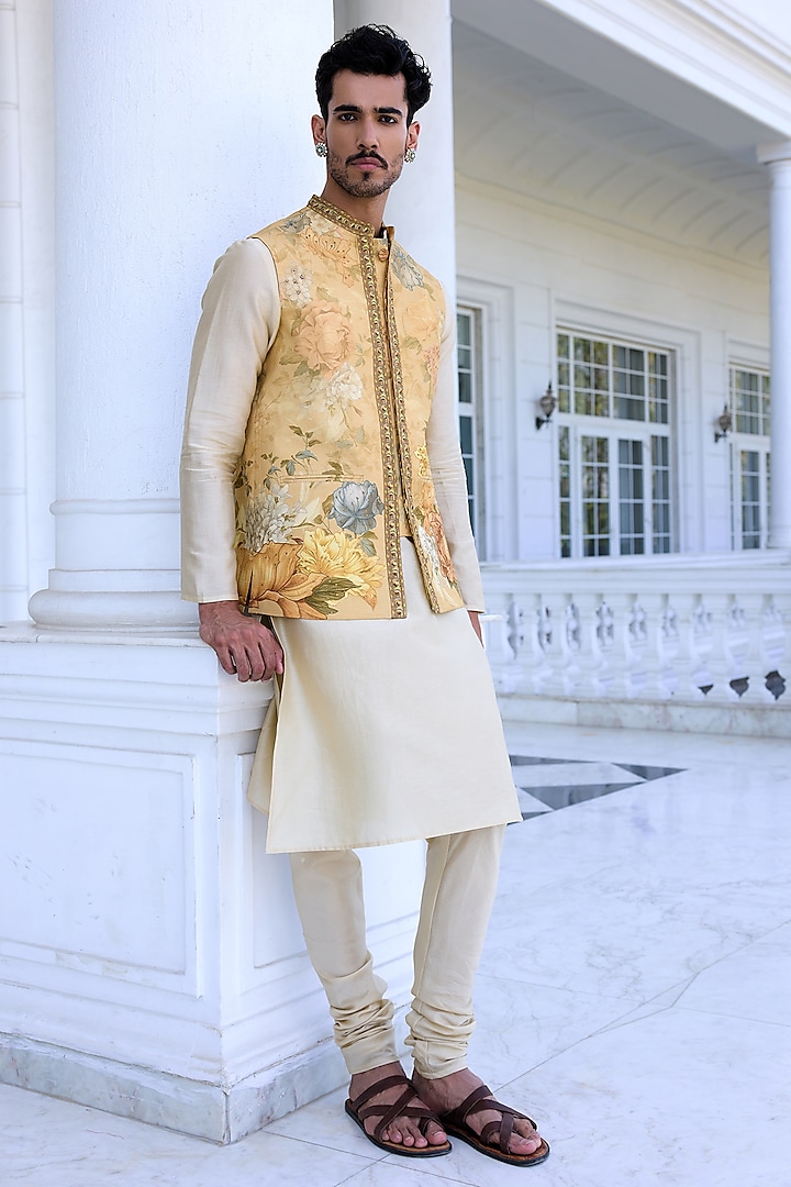 Beige Dola Silk Floral Printed & Thread Work Bundi Jacket Set by Kalista Men at Pernia's Pop Up Shop
