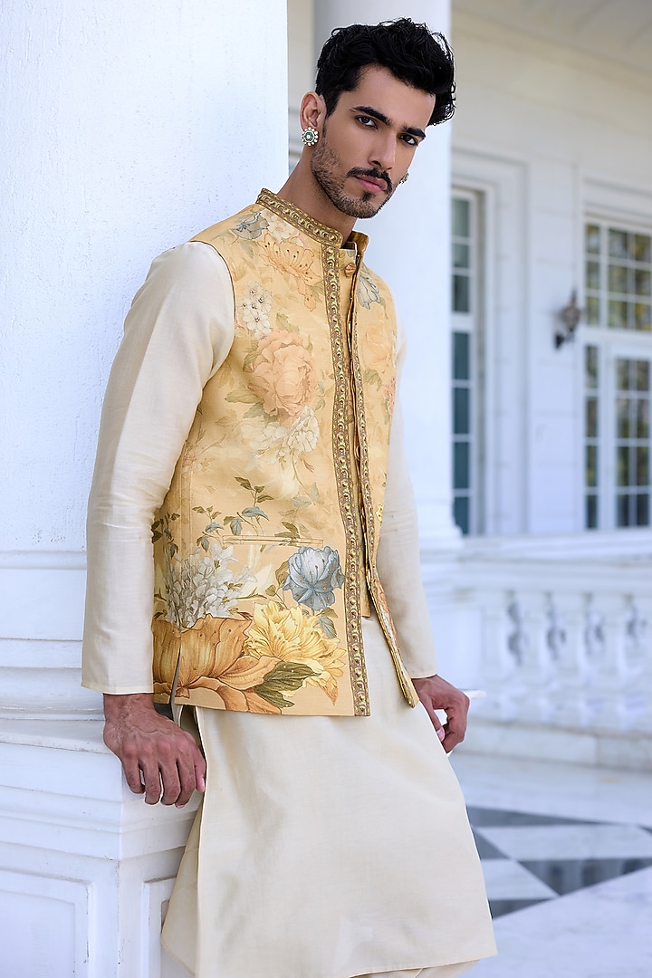 Beige Dola Silk Floral Printed & Thread Work Bundi Jacket Set by Kalista Men at Pernia's Pop Up Shop