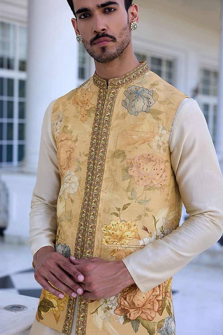 Beige Dola Silk Floral Printed & Thread Work Bundi Jacket Set by Kalista Men at Pernia's Pop Up Shop
