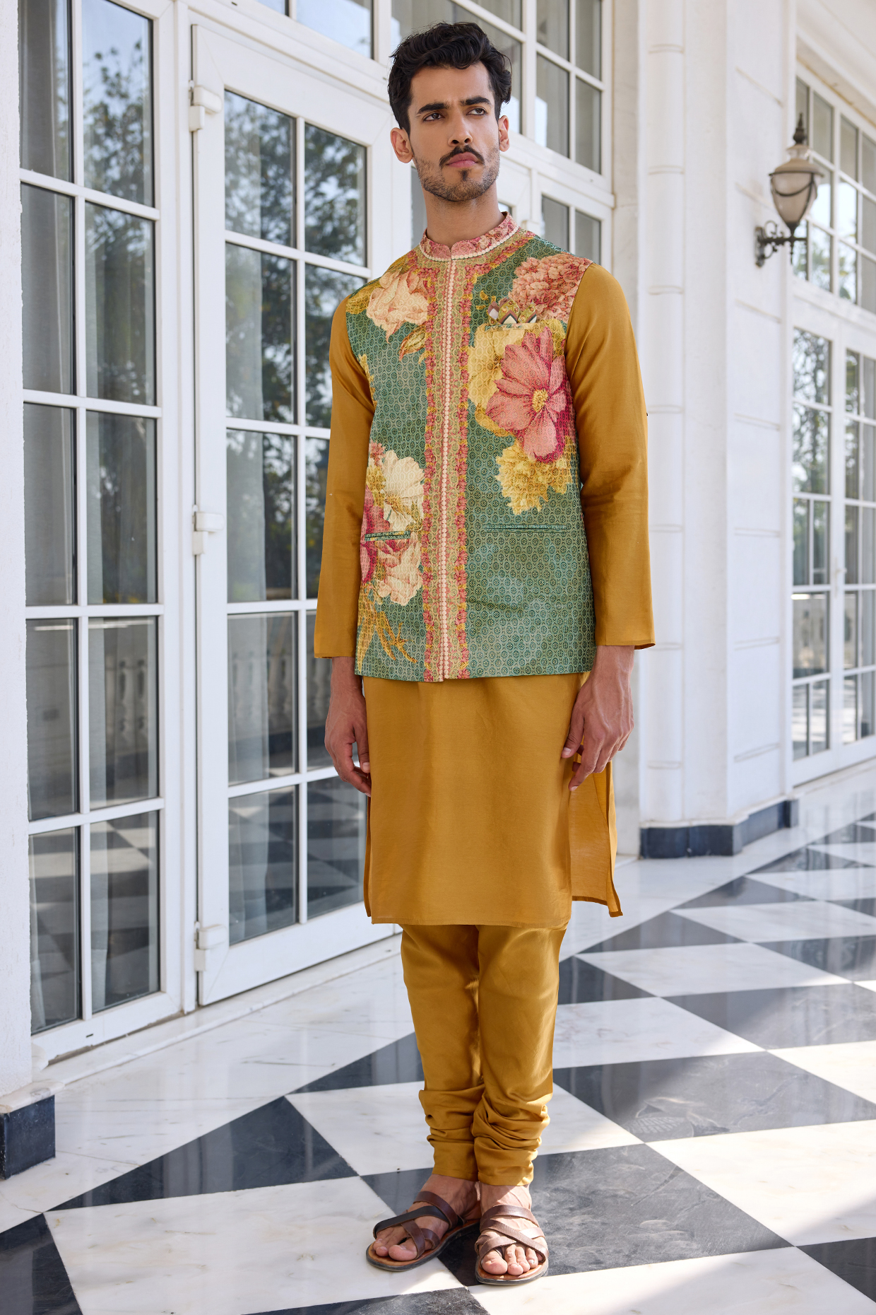 Green Brocade Printed Bundi Jacket Set by Kalista Men