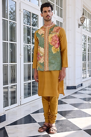 Green Brocade Printed Bundi Jacket Set by Kalista Men