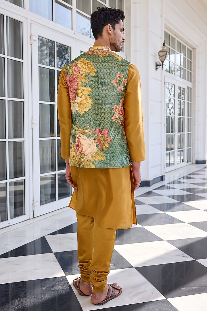 Green Brocade Printed Bundi Jacket Set by Kalista Men at Pernia's Pop Up Shop