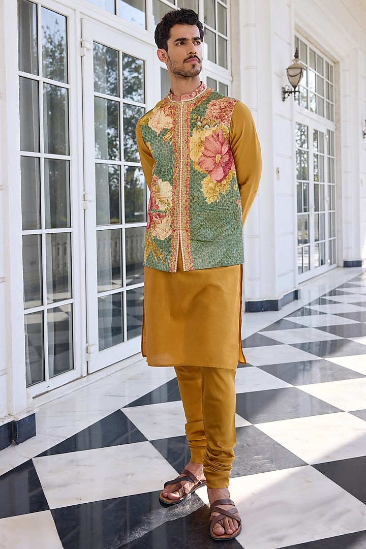 Green Brocade Printed Bundi Jacket Set by Kalista Men at Pernia's Pop Up Shop