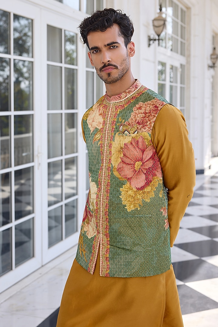 Green Brocade Printed Bundi Jacket Set by Kalista Men at Pernia's Pop Up Shop