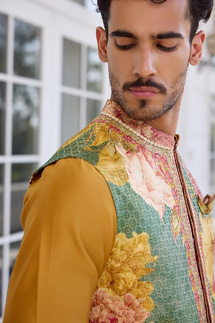 Green Brocade Printed Bundi Jacket Set by Kalista Men at Pernia's Pop Up Shop