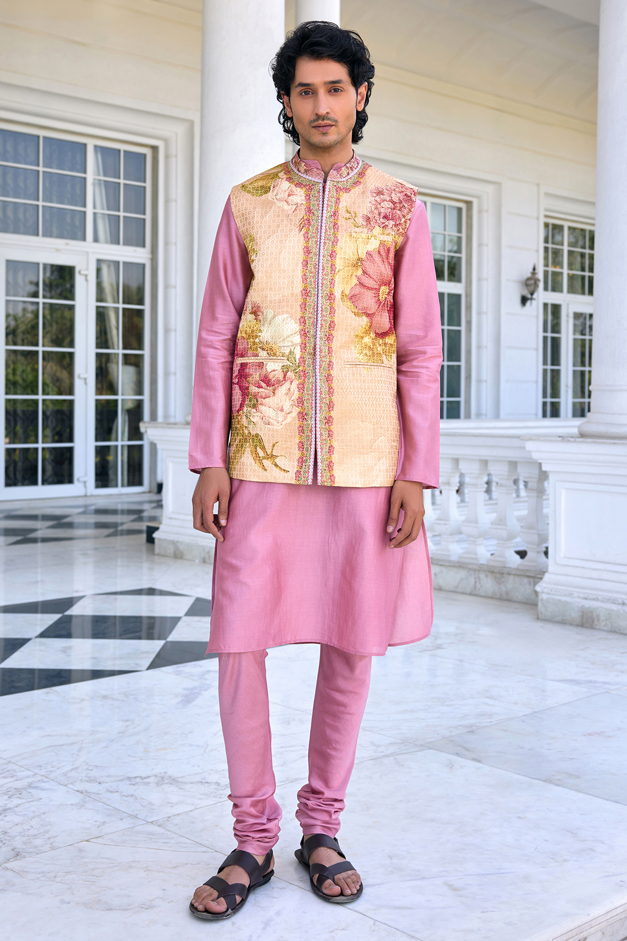Beige Brocade Printed Bundi Jacket Set by Kalista Men