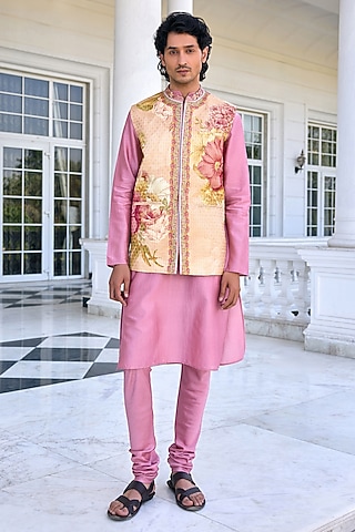 Beige Brocade Printed Bundi Jacket Set by Kalista Men