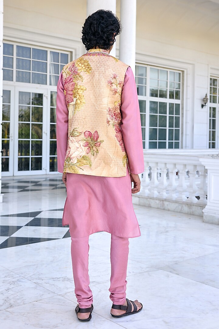 Beige Brocade Printed Bundi Jacket Set by Kalista Men at Pernia's Pop Up Shop