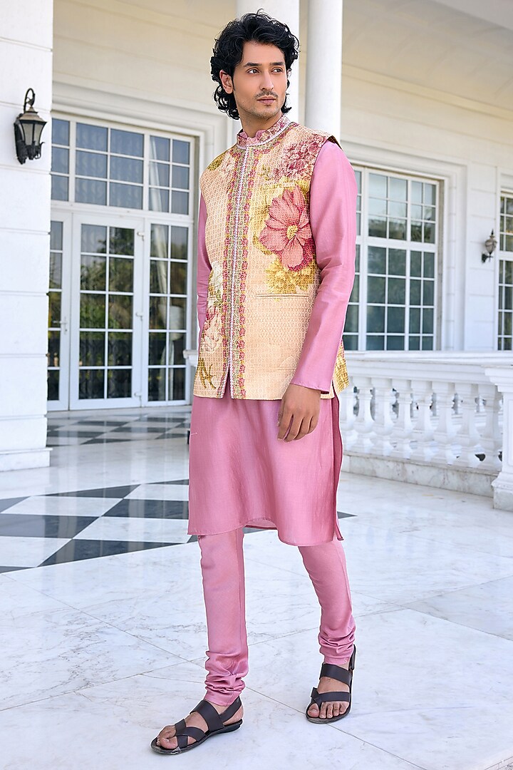 Beige Brocade Printed Bundi Jacket Set by Kalista Men at Pernia's Pop Up Shop