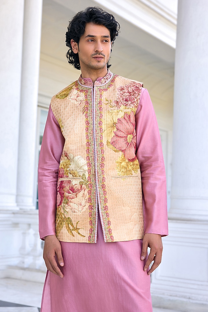Beige Brocade Printed Bundi Jacket Set by Kalista Men at Pernia's Pop Up Shop