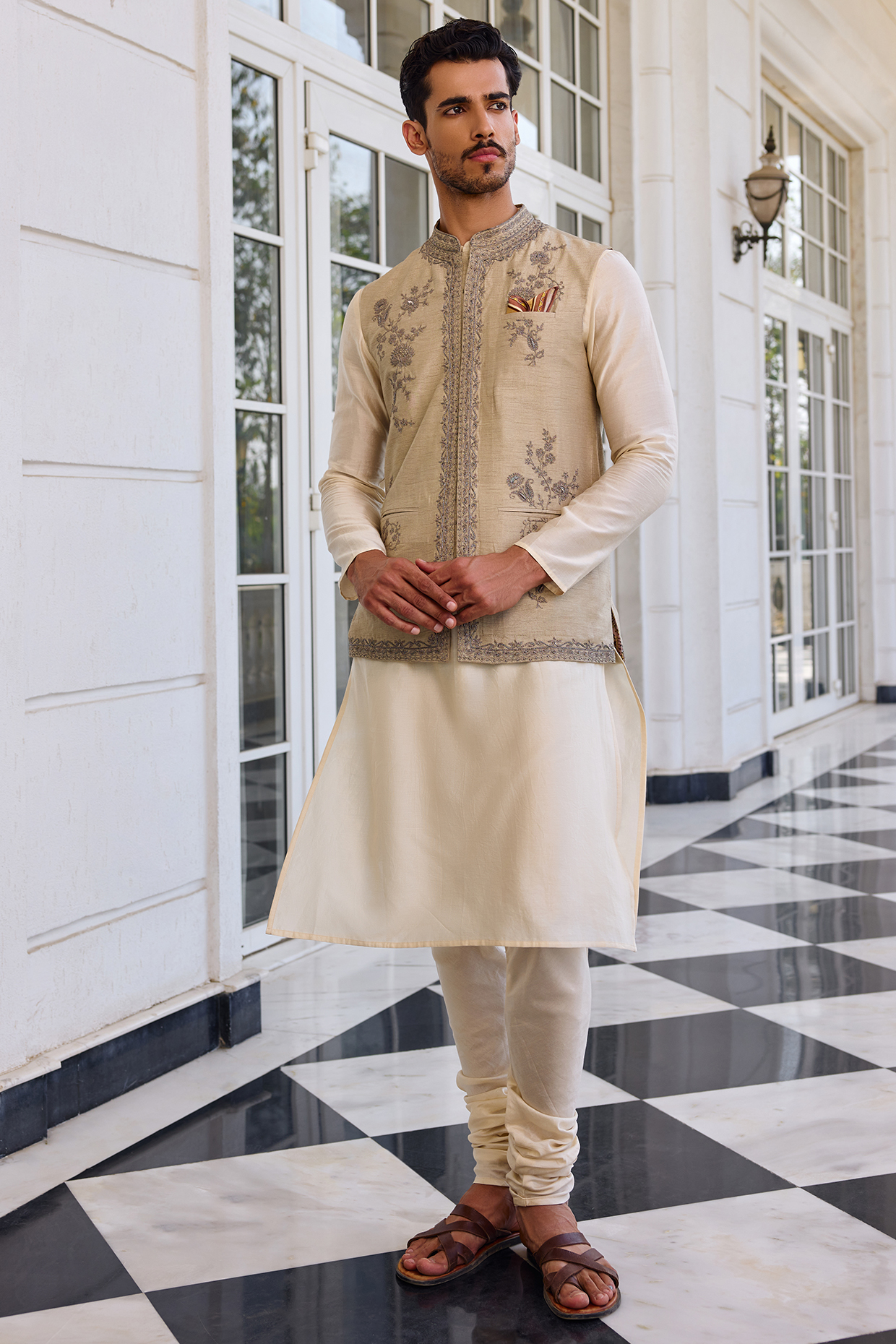 Slate Green Dola Silk Zari Work Bundi Jacket Set by Kalista Men