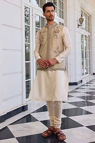 Slate Green Dola Silk Zari Work Bundi Jacket Set by Kalista Men