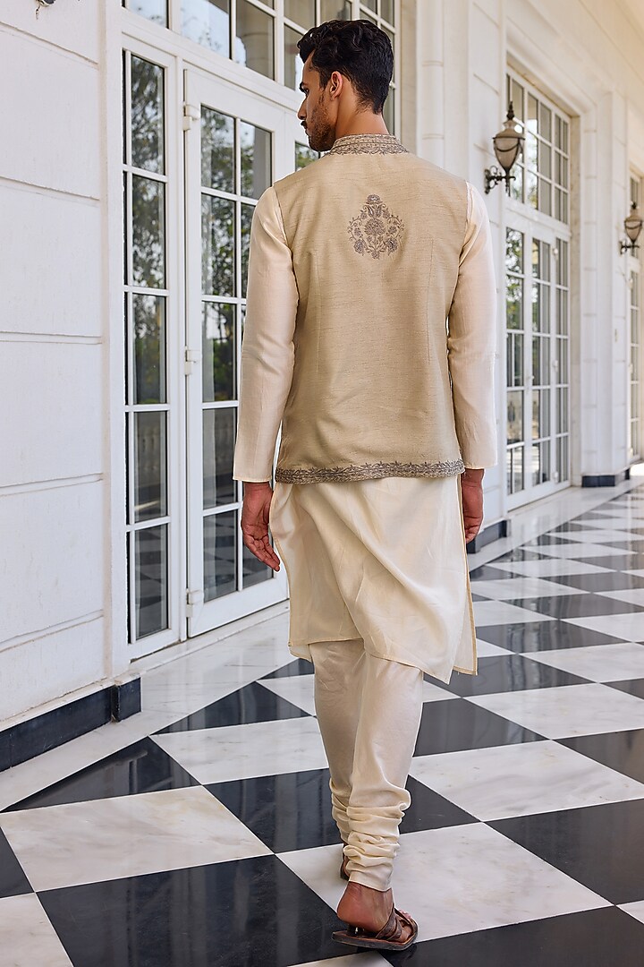 Slate Green Dola Silk Zari Work Bundi Jacket Set by Kalista Men at Pernia's Pop Up Shop