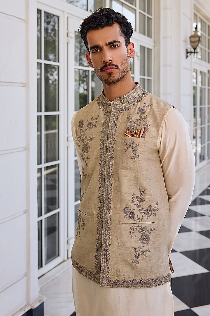 Slate Green Dola Silk Zari Work Bundi Jacket Set by Kalista Men at Pernia's Pop Up Shop