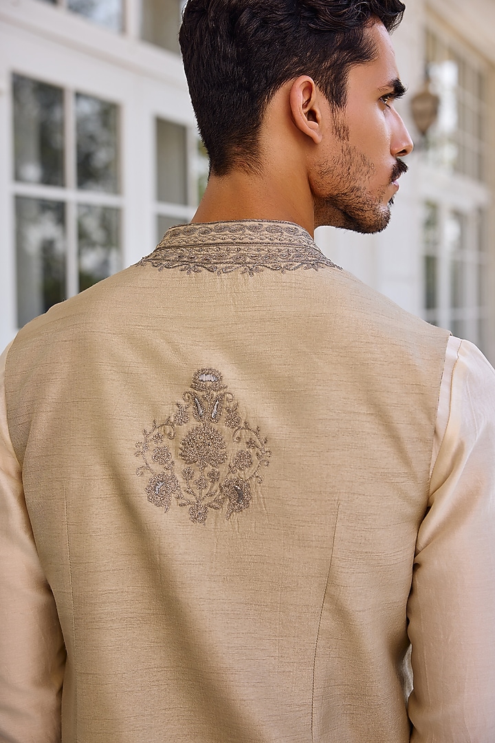Slate Green Dola Silk Zari Work Bundi Jacket Set by Kalista Men at Pernia's Pop Up Shop