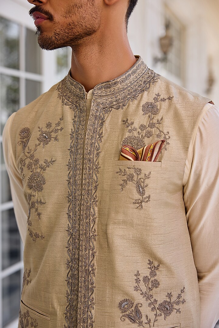Slate Green Dola Silk Zari Work Bundi Jacket Set by Kalista Men at Pernia's Pop Up Shop