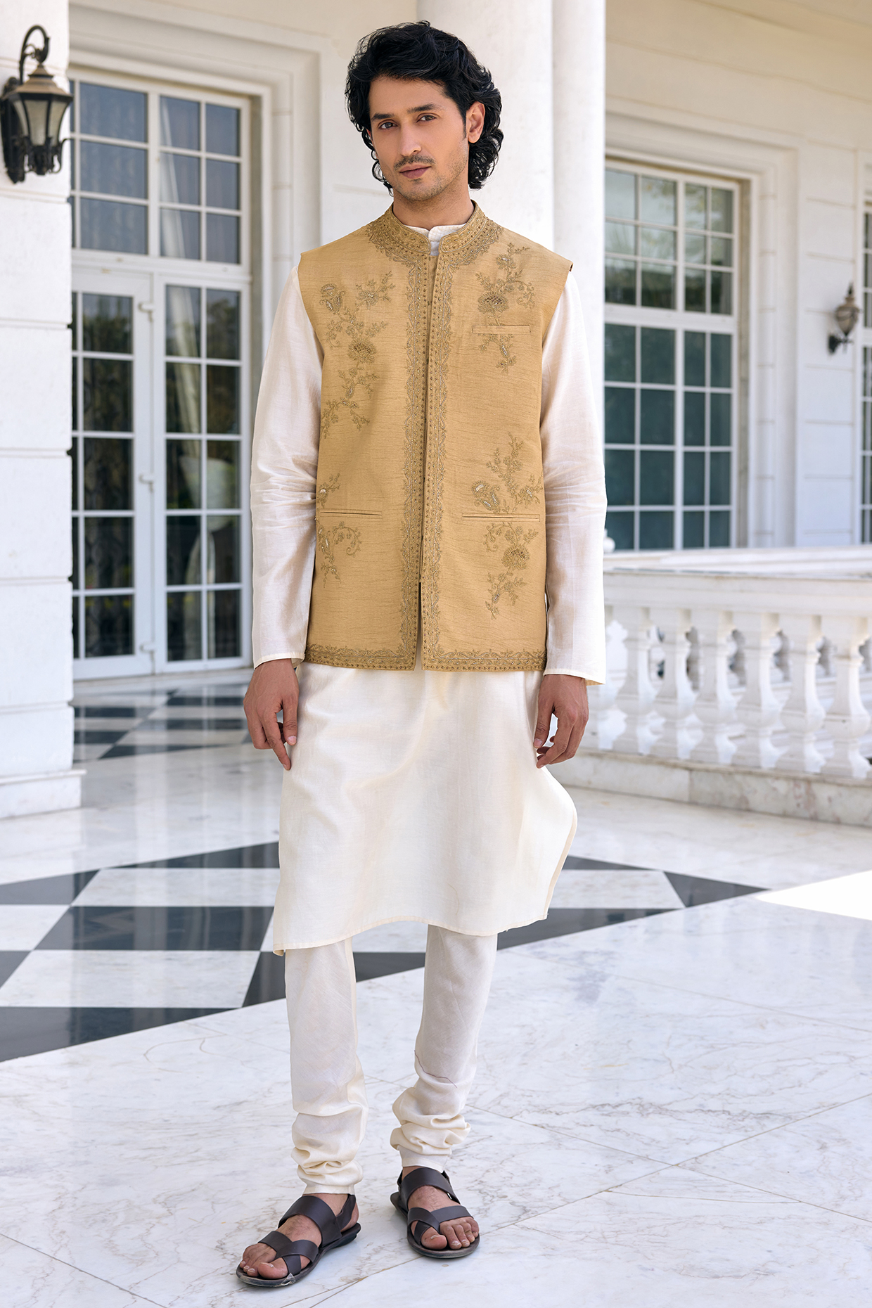 Golden Beige Dola Silk Zari Work Bundi Jacket Set by Kalista Men