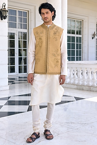 Golden Beige Dola Silk Zari Work Bundi Jacket Set by Kalista Men