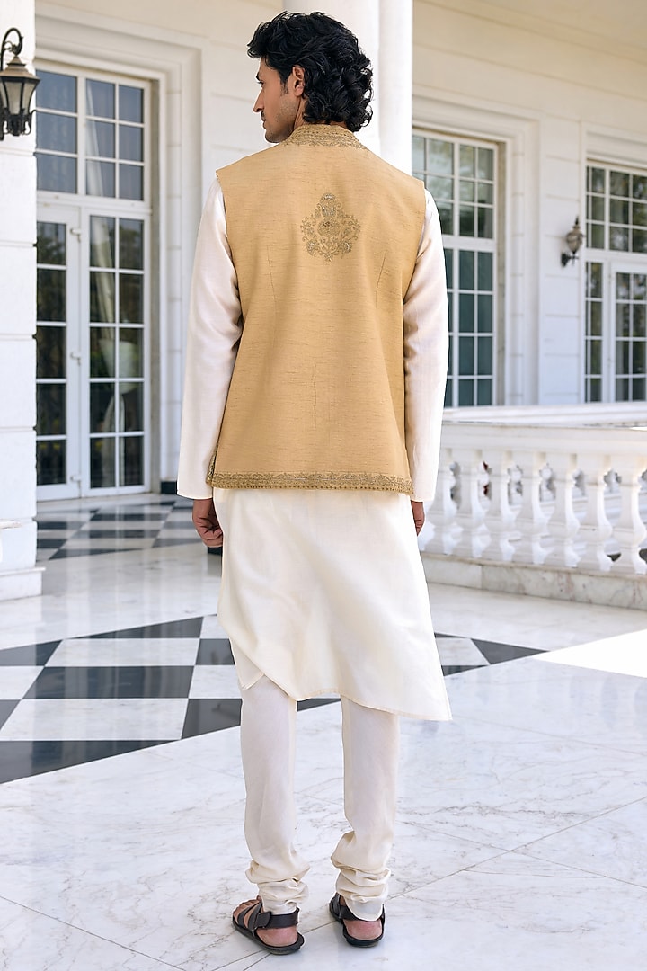 Golden Beige Dola Silk Zari Work Bundi Jacket Set by Kalista Men at Pernia's Pop Up Shop
