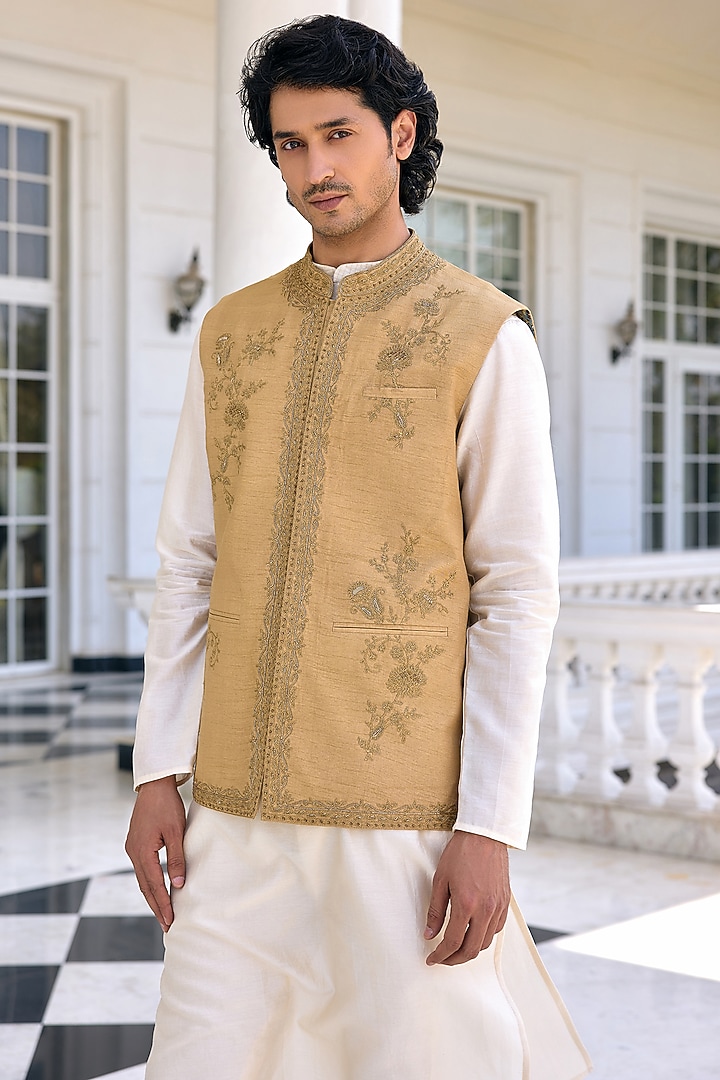 Golden Beige Dola Silk Zari Work Bundi Jacket Set by Kalista Men at Pernia's Pop Up Shop