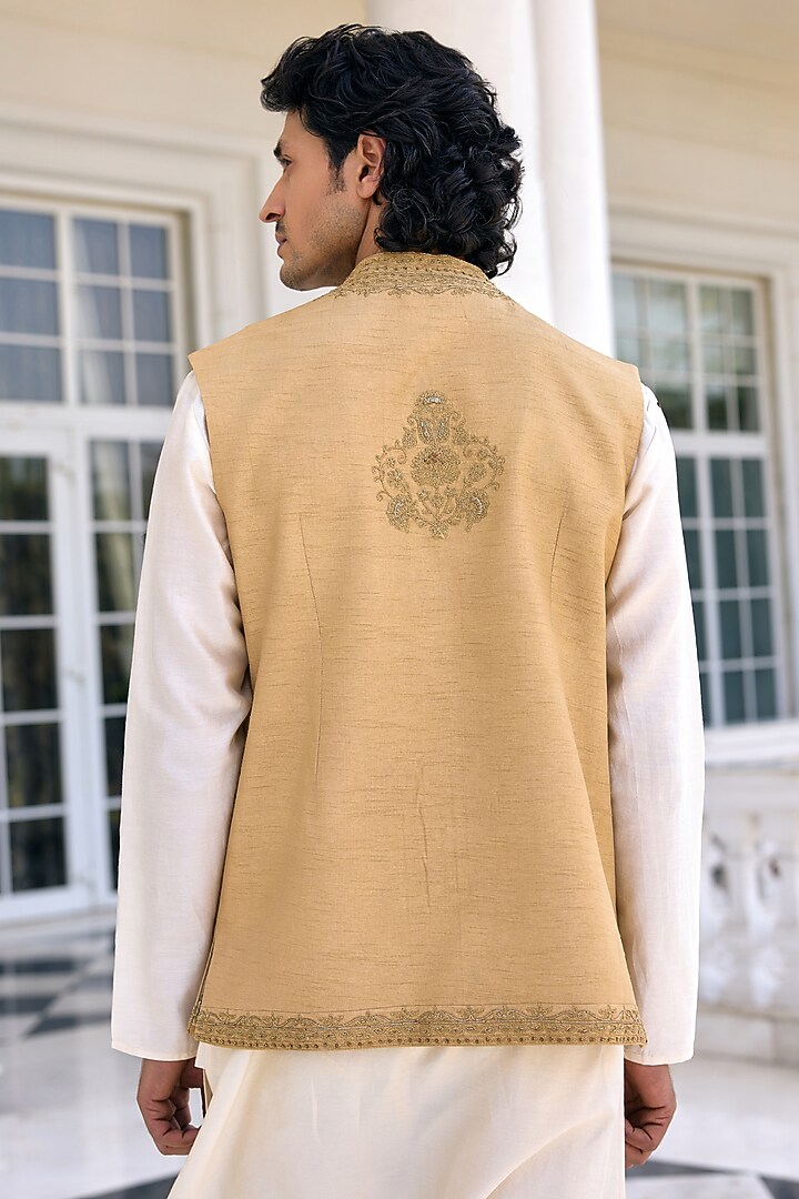 Golden Beige Dola Silk Zari Work Bundi Jacket Set by Kalista Men at Pernia's Pop Up Shop