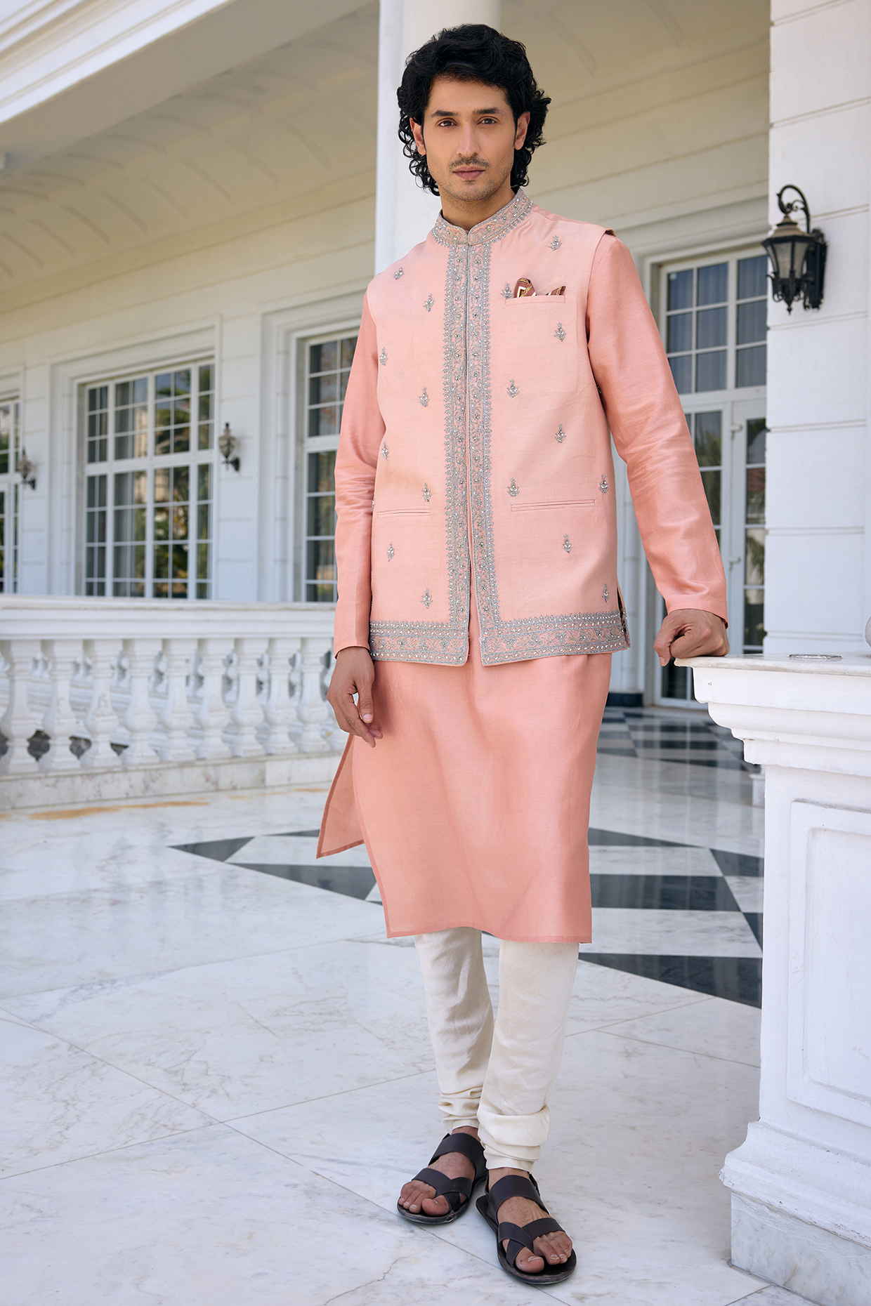 Salmon Pink Dola Silk Thread Work Bundi Jacket Set by Kalista Men