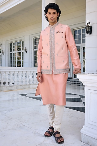 Salmon Pink Dola Silk Thread Work Bundi Jacket Set by Kalista Men