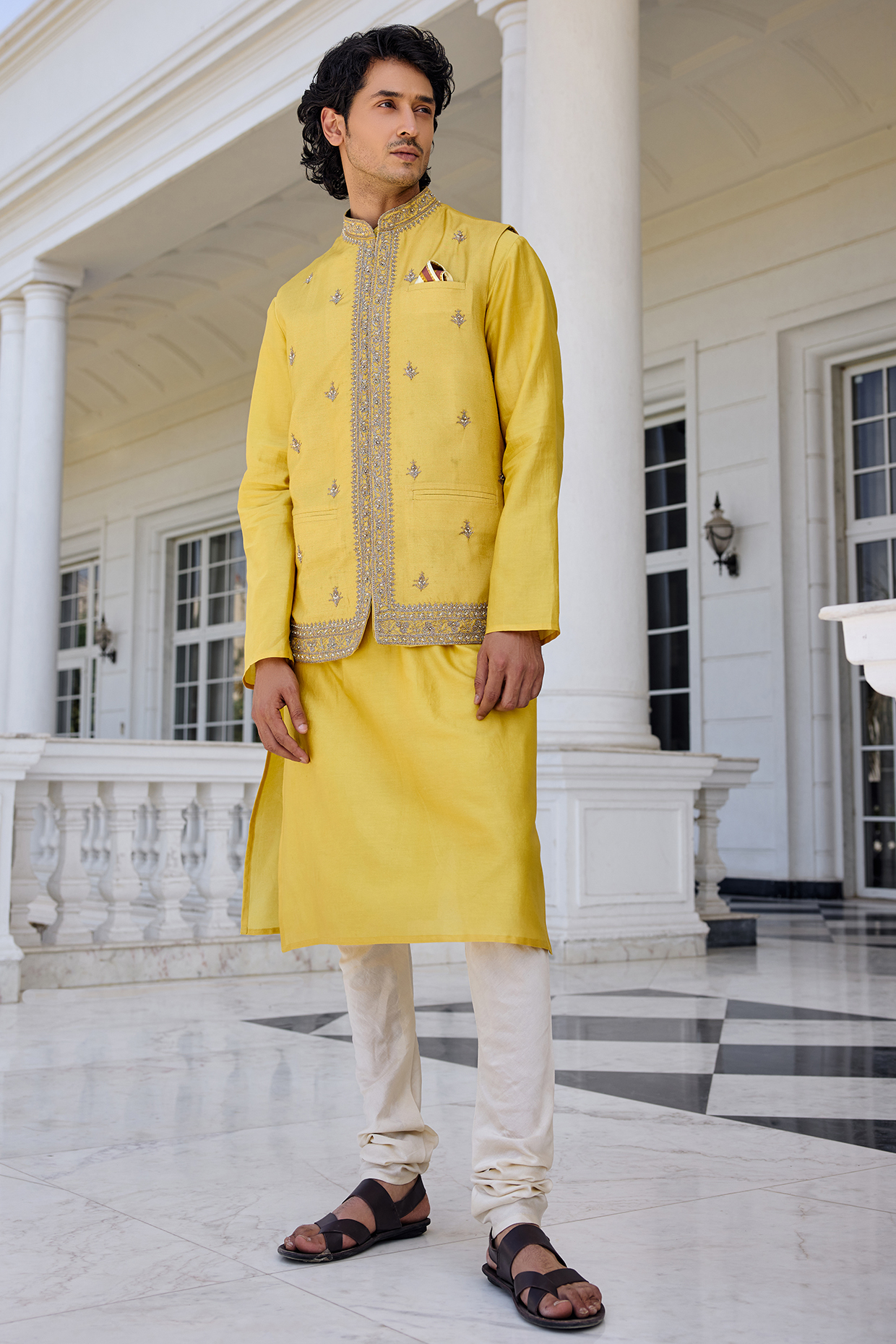 Yellow Dola Silk Thread Work Bundi Jacket Set by Kalista Men