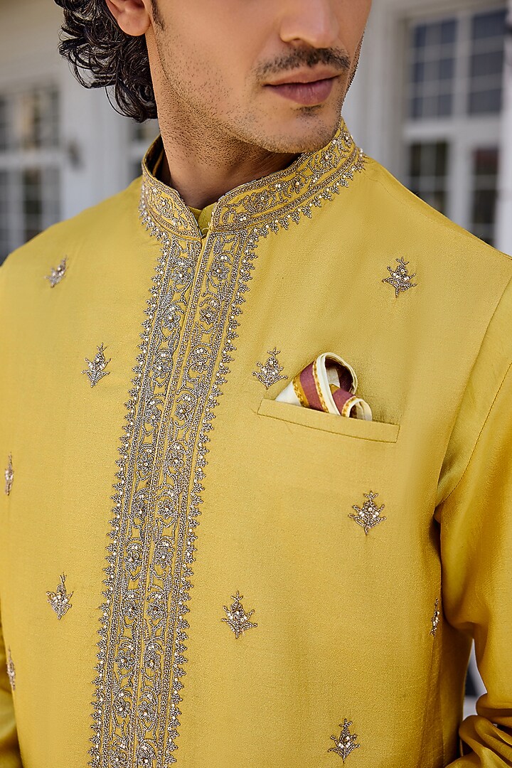 Yellow Dola Silk Thread Work Bundi Jacket Set by Kalista Men at Pernia's Pop Up Shop