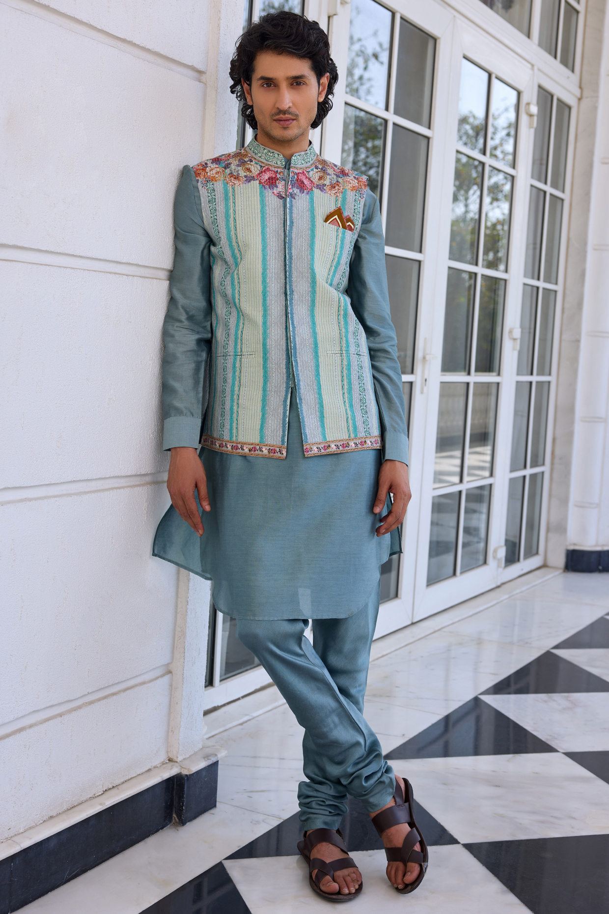 Aqua Dola Silk Floral Printed & Thread Work Bundi Jacket Set by Kalista Men