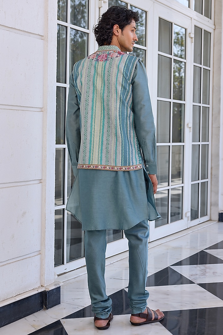 Aqua Dola Silk Floral Printed & Thread Work Bundi Jacket Set by Kalista Men at Pernia's Pop Up Shop