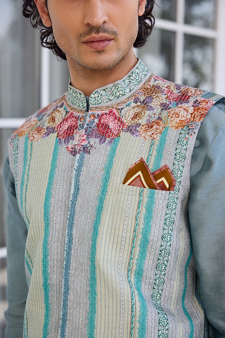 Aqua Dola Silk Floral Printed & Thread Work Bundi Jacket Set by Kalista Men at Pernia's Pop Up Shop