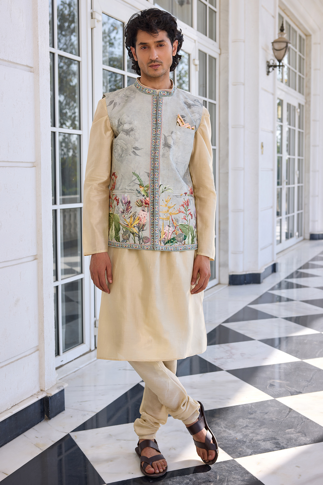Powder Grey Dola Silk Printed Bundi Jacket Set by Kalista Men