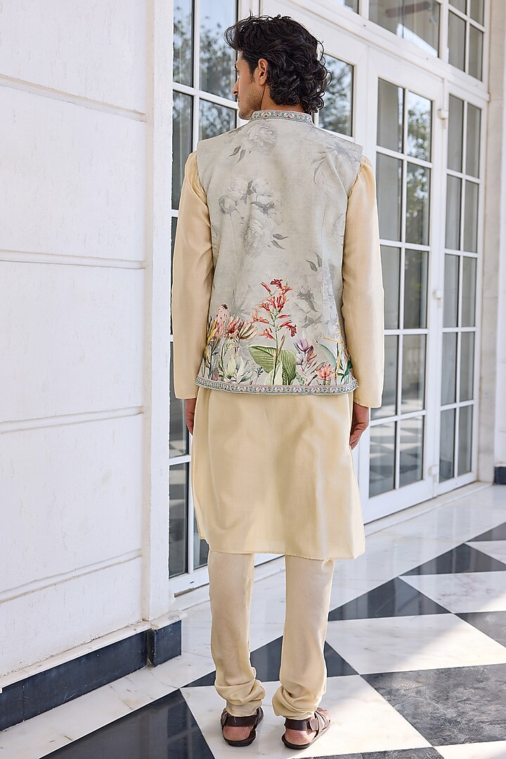 Powder Grey Dola Silk Printed Bundi Jacket Set by Kalista Men at Pernia's Pop Up Shop