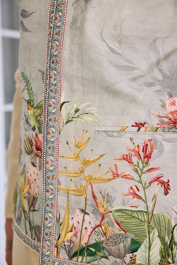 Powder Grey Dola Silk Printed Bundi Jacket Set by Kalista Men at Pernia's Pop Up Shop
