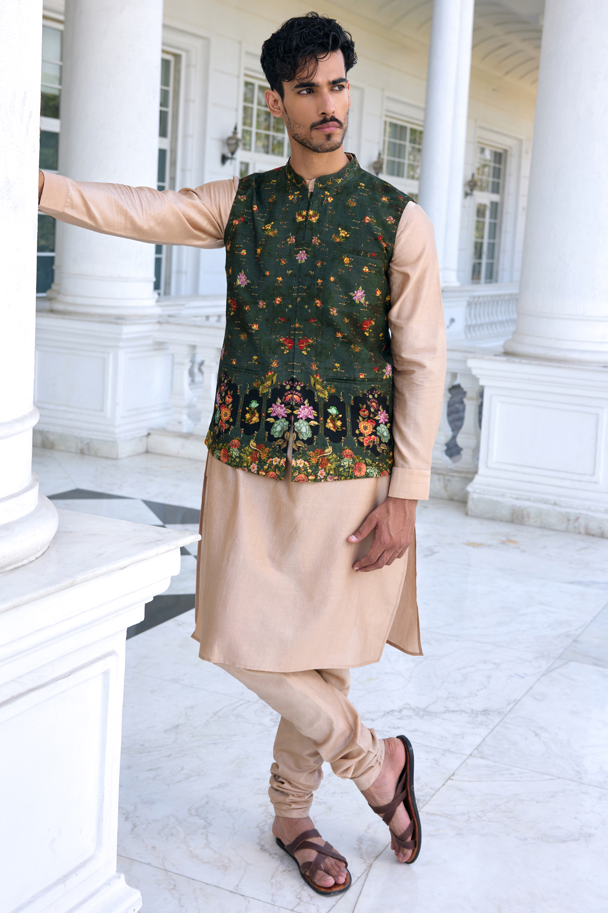 Army Green Dola Silk Thread Work Bundi Jacket Set by Kalista Men