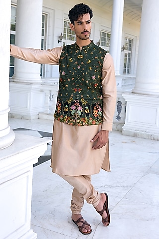 Army Green Dola Silk Thread Work Bundi Jacket Set by Kalista Men