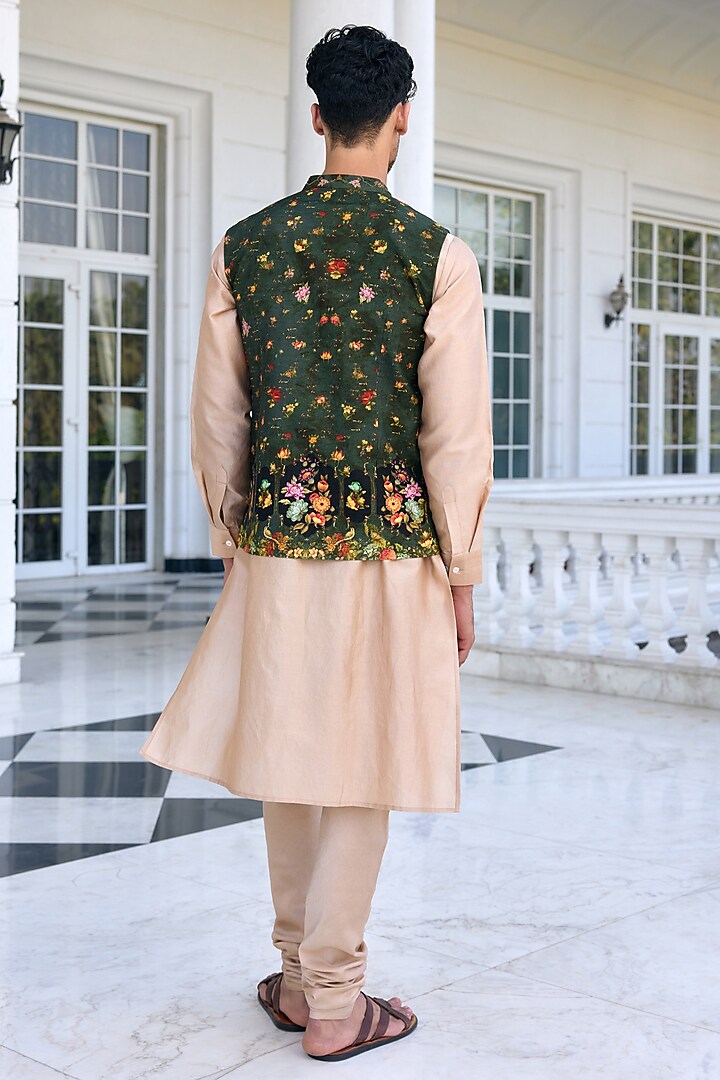 Army Green Dola Silk Thread Work Bundi Jacket Set by Kalista Men at Pernia's Pop Up Shop