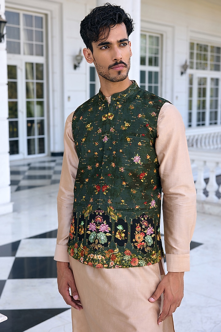 Army Green Dola Silk Thread Work Bundi Jacket Set by Kalista Men at Pernia's Pop Up Shop