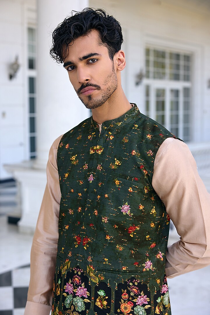 Army Green Dola Silk Thread Work Bundi Jacket Set by Kalista Men at Pernia's Pop Up Shop