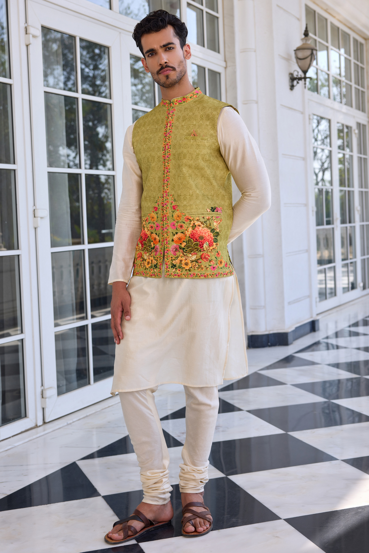 Light Green Dola Silk Floral Printed & Thread Work Bundi Jacket Set by Kalista Men
