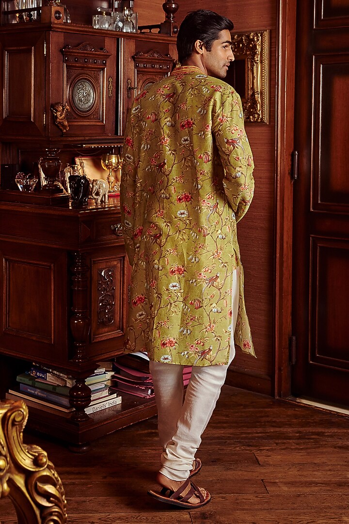 Olive Green Chanderi Floral Printed Kurta Set by Kalista Men at Pernia's Pop Up Shop