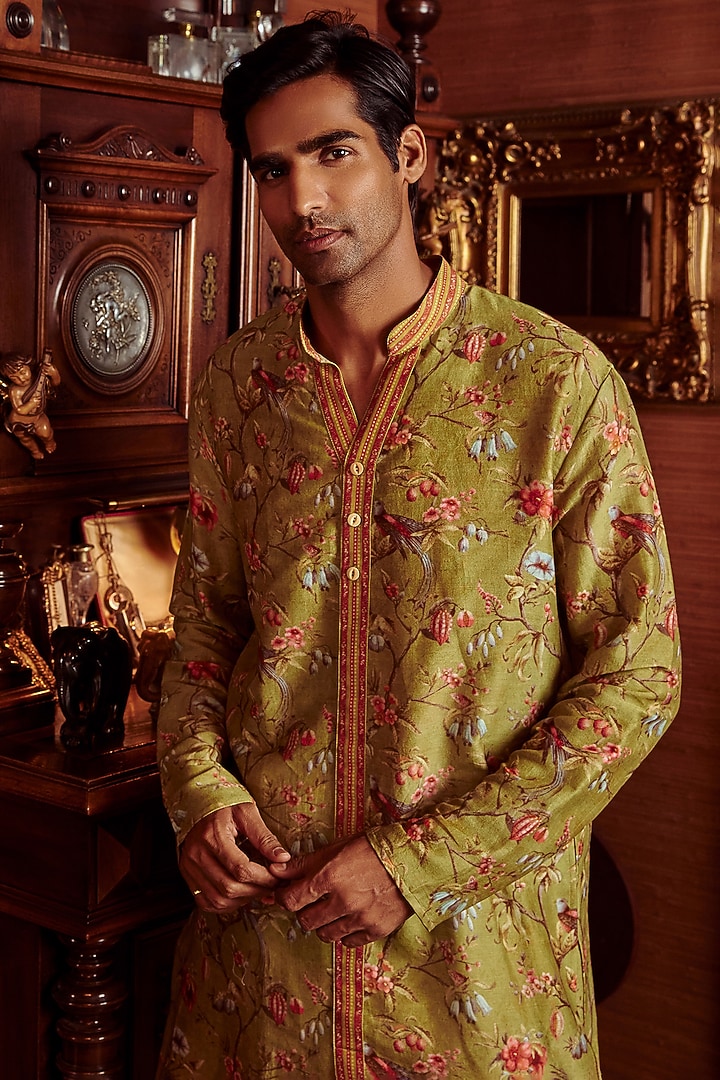 Olive Green Chanderi Floral Printed Kurta Set by Kalista Men at Pernia's Pop Up Shop